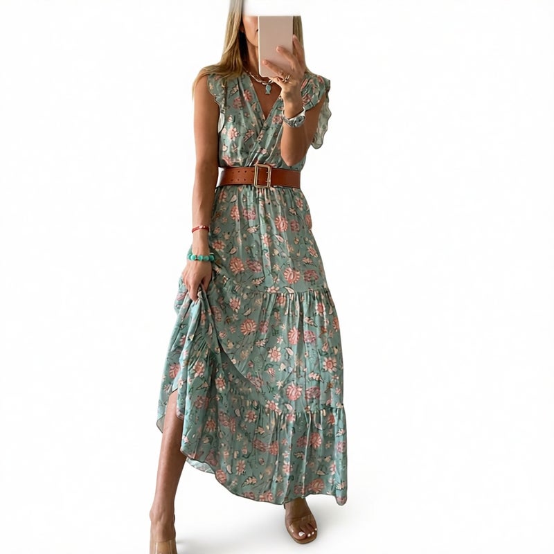 Bohemian Printed V-Neck Sleeveless Midi Dress for Women - Image 1