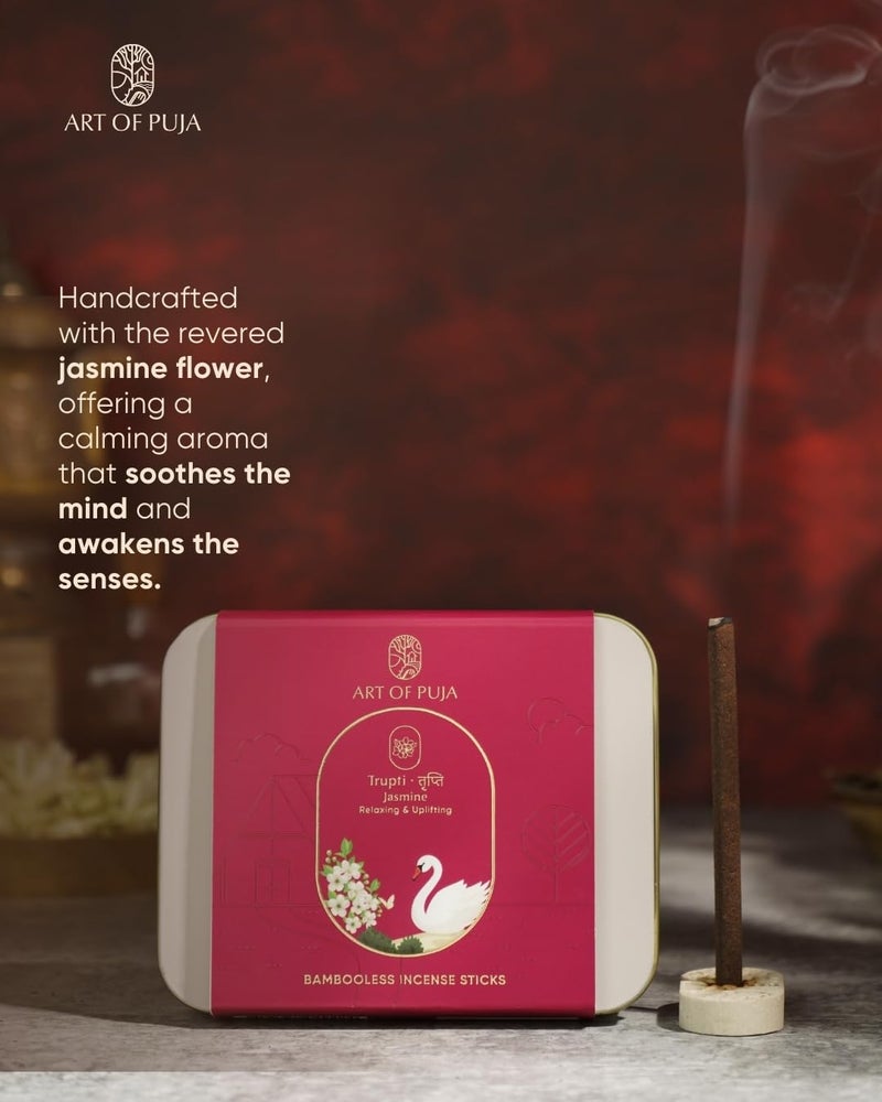 ART OF PUJA Jasmine (Mogra) Bambooless Sticks-27 Premium Floral Dhoop Sticks | ~1 Hr Burn, 2+ Hr Fragrance Retention | Low Smoke | Free Dhoop Holder | Reusable Tin - Image 3