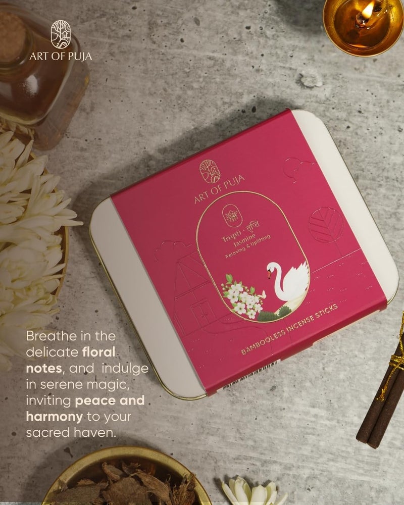 ART OF PUJA Jasmine (Mogra) Bambooless Sticks-27 Premium Floral Dhoop Sticks | ~1 Hr Burn, 2+ Hr Fragrance Retention | Low Smoke | Free Dhoop Holder | Reusable Tin - Image 4