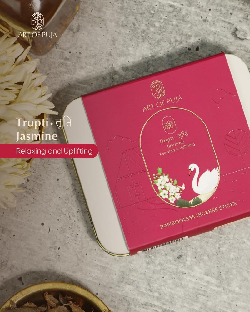 ART OF PUJA Jasmine (Mogra) Bambooless Sticks-27 Premium Floral Dhoop Sticks | ~1 Hr Burn, 2+ Hr Fragrance Retention | Low Smoke | Free Dhoop Holder | Reusable Tin - Image 2