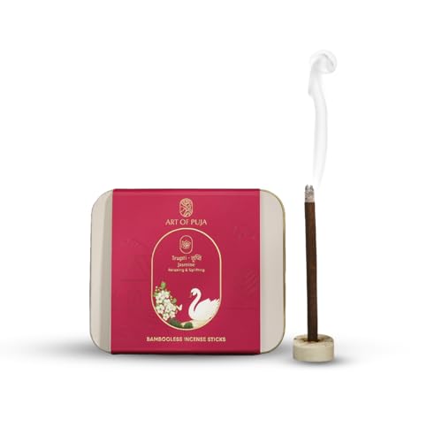 ART OF PUJA Jasmine (Mogra) Bambooless Sticks-27 Premium Floral Dhoop Sticks | ~1 Hr Burn, 2+ Hr Fragrance Retention | Low Smoke | Free Dhoop Holder | Reusable Tin - Image 1