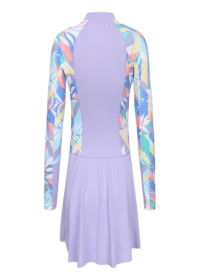 OLAIAN OLAIAN by DECATHLON, Suzy one-piece long-sleeve skirt swimsuit purple  - Image 1