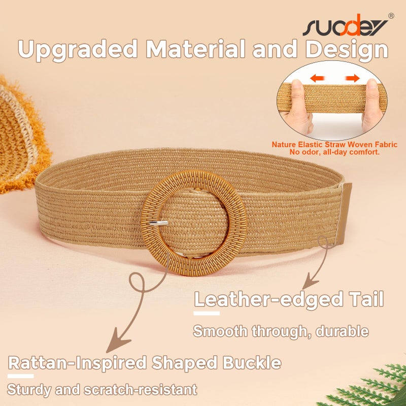 SUOSDEY Straw Woven stretchy Waist Belt for Women Dresses,Wide Boho Braided Elastic Belt with Round Buckle - Image 4