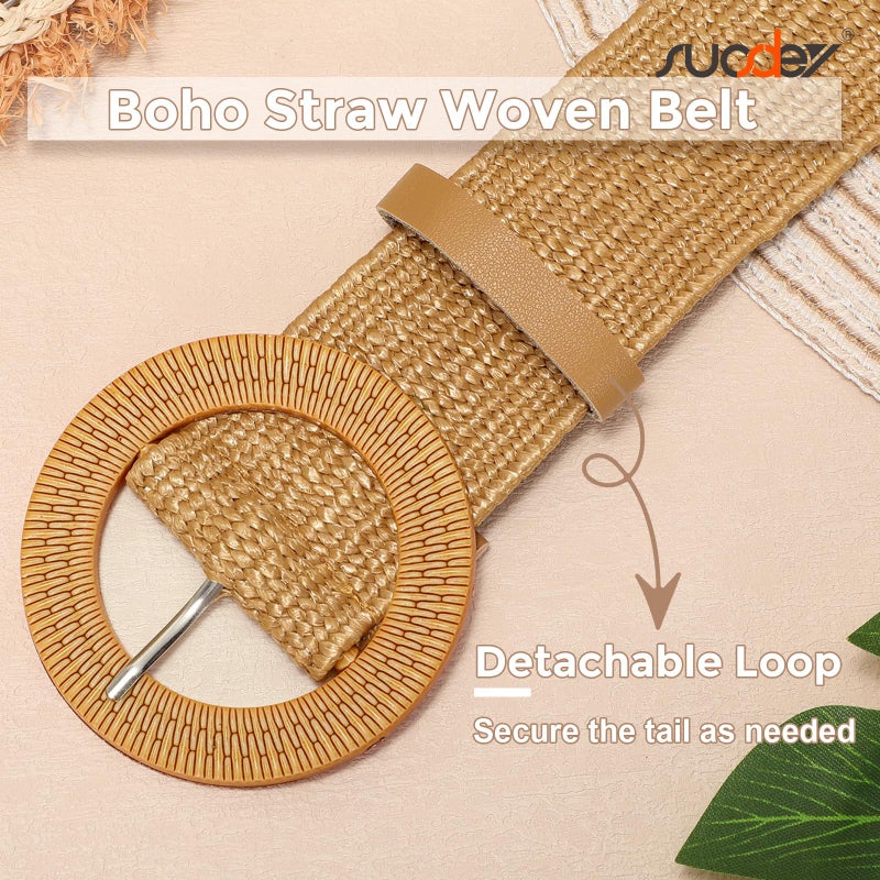 SUOSDEY Straw Woven stretchy Waist Belt for Women Dresses,Wide Boho Braided Elastic Belt with Round Buckle - Image 2