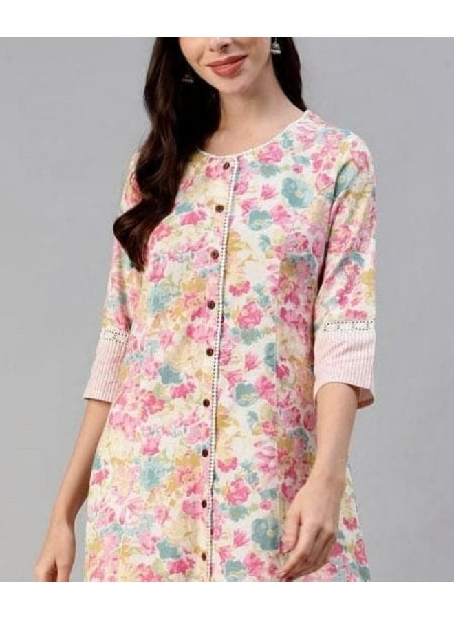 Divena Women's Floral A-Line Kurta, Cotton Flex Tunic with 3/4 Sleeves & Round Neck - Image 2