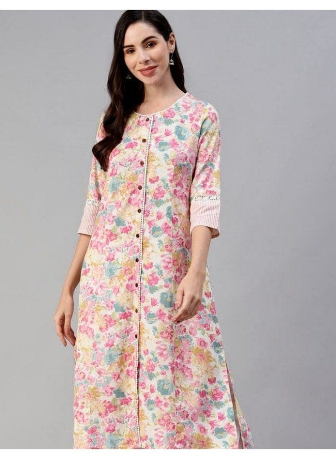 Divena Women's Floral A-Line Kurta, Cotton Flex Tunic with 3/4 Sleeves & Round Neck - Image 1
