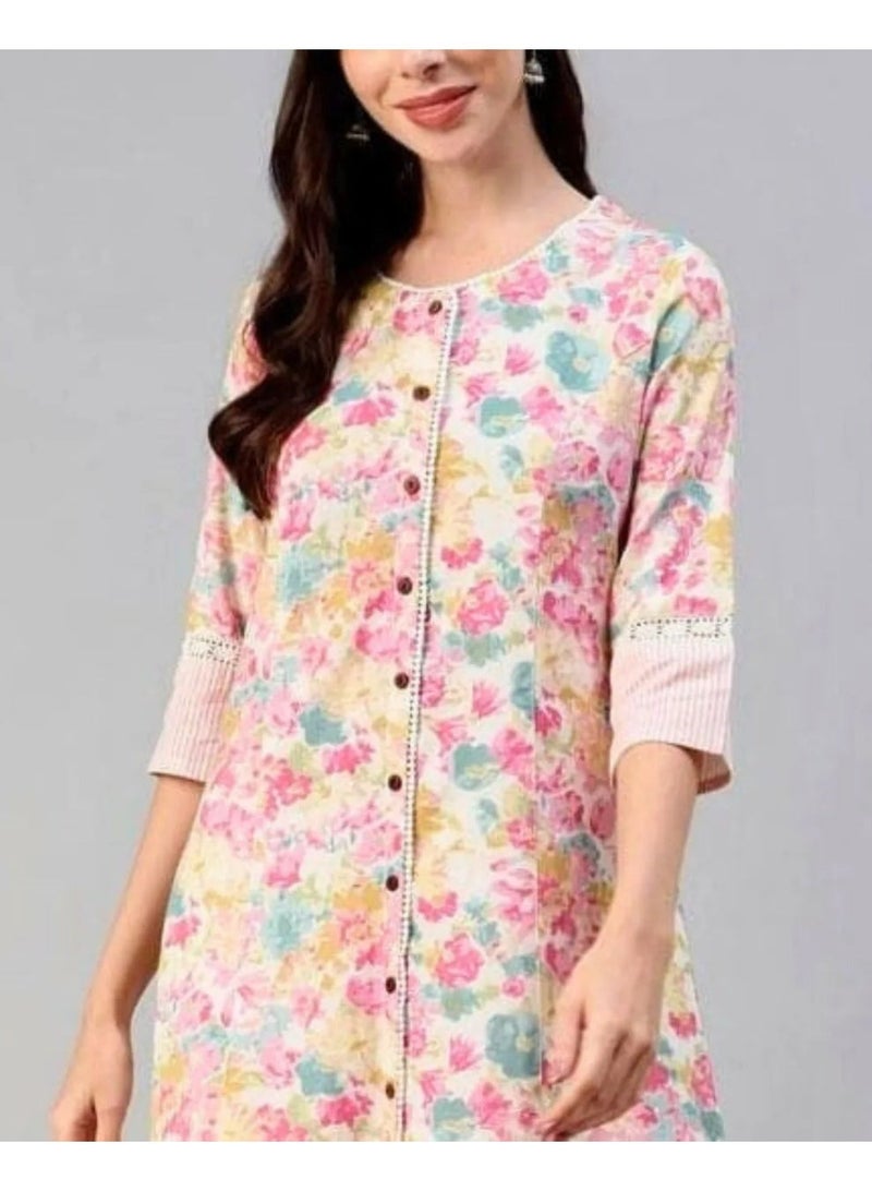 Divena Women's Floral A-Line Kurta, Cotton Flex Tunic with 3/4 Sleeves & Round Neck - Image 5