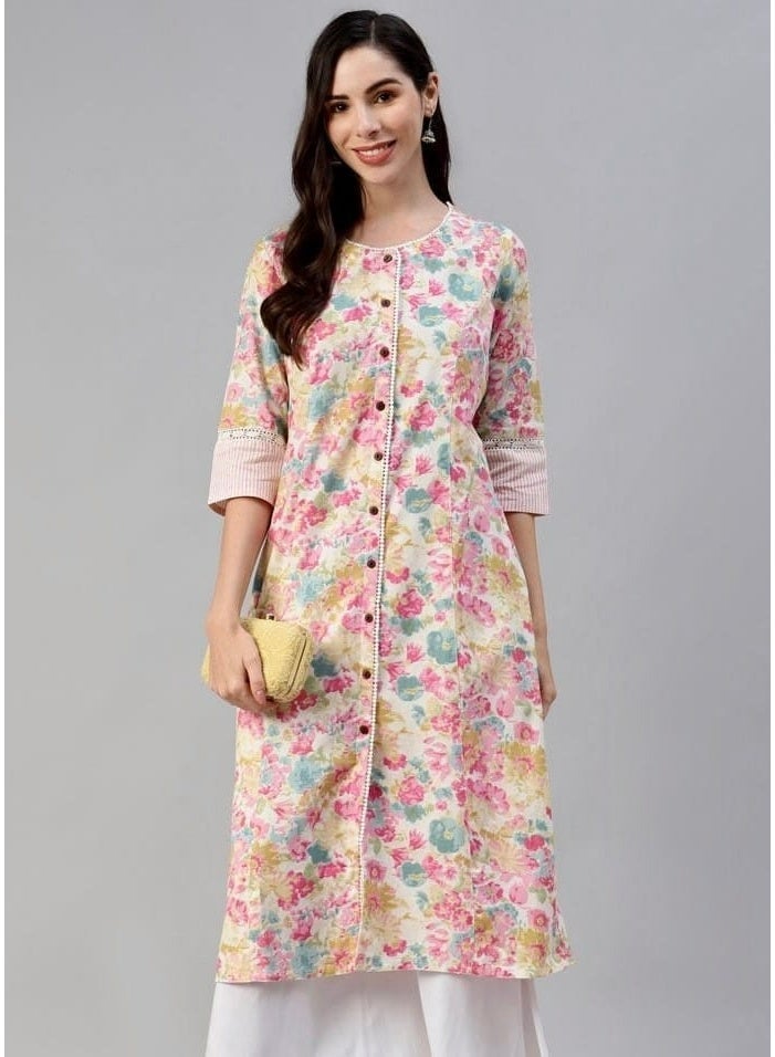 Divena Women's Floral A-Line Kurta, Cotton Flex Tunic with 3/4 Sleeves & Round Neck - Image 4