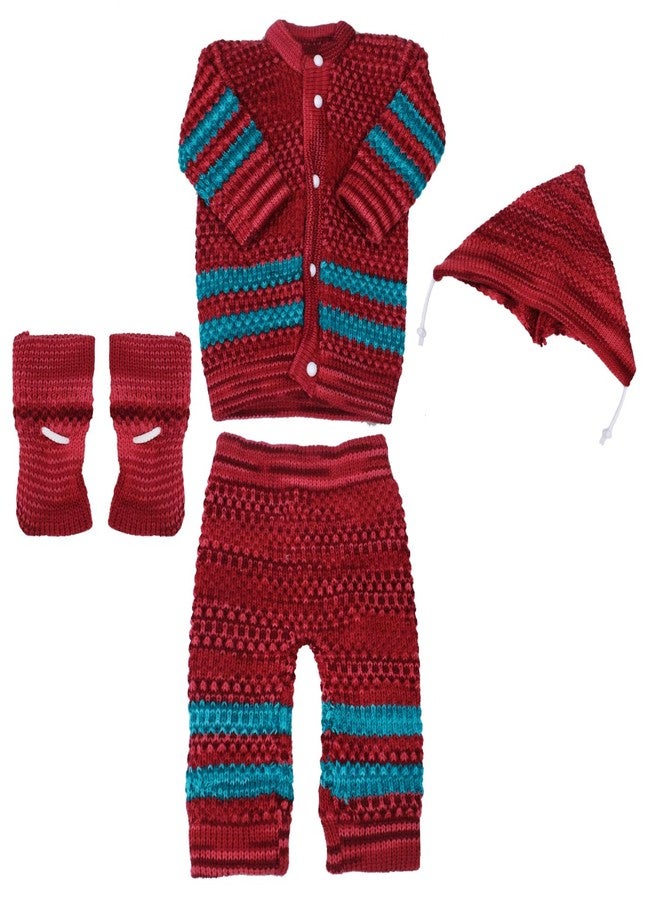 KYNA New Born Baby Suit Unisex Winter Wear Woolen Suit 4 Pcs Set Baby Dress For 0-3 Months Babies (Red, 0-3 Months) - Image 1