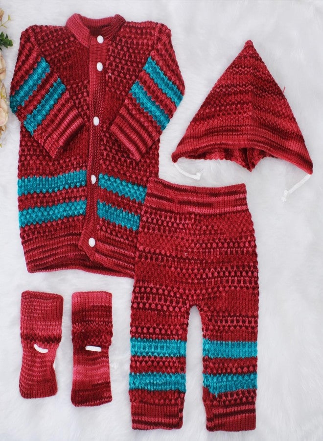 KYNA New Born Baby Suit Unisex Winter Wear Woolen Suit 4 Pcs Set Baby Dress For 0-3 Months Babies (Red, 0-3 Months) - Image 4