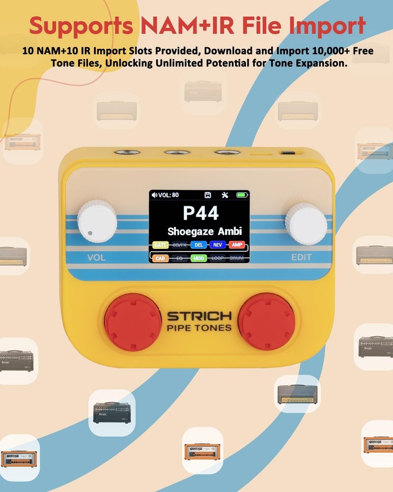 STRICH Pipe Tones Pocket Multi-Effects Processor for Guitar and Bass with 10 Effect Modules 125 Effects 40s Looper 100 Drum Patterns USB Audio Interface Wireless Control (Orange) - Image 3