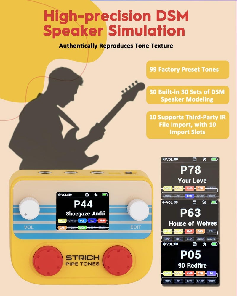 STRICH Pipe Tones Pocket Multi-Effects Processor for Guitar and Bass with 10 Effect Modules 125 Effects 40s Looper 100 Drum Patterns USB Audio Interface Wireless Control (Orange) - Image 4