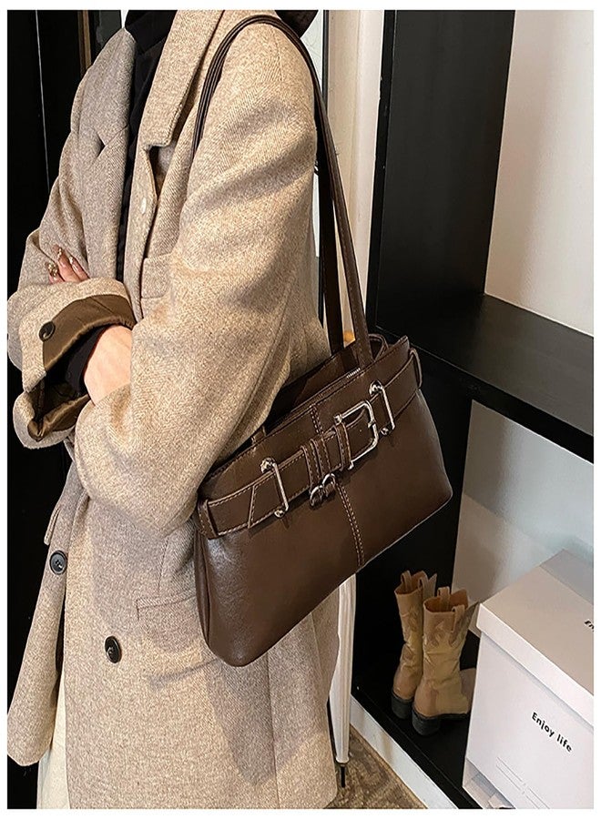 JYG Shoulder Bag for Women Vintage Y2K Hobo Purse with Belt Buckle Small PU Leather Underarm Satchel Handbag Coffee - Image 2