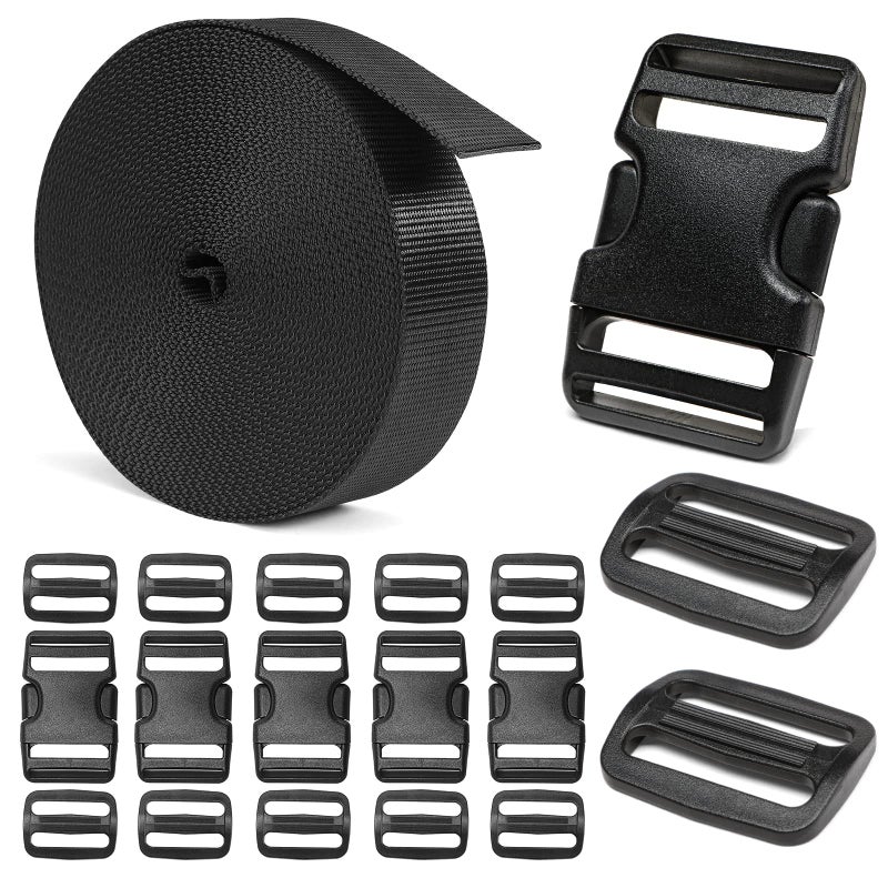BEYOURD HeavyDuty Buckles and Strap Set 112 6 Yards of Thick Nylon Webbing 6Pack Adjustable Quick Side Release Plastic Buckles 12 TriGlide Slide Clips Black 112 Combo Set