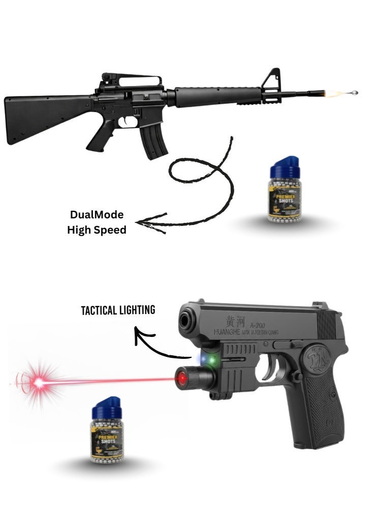 بريميم مجموعة لعبة بندقية ببجي إم ٤ وبندقية مسدس سوكوم – وضع مزدوج شبه أوتوماتيكي مع كتف قابل للإزالة وضوء ليزر ومخزن و٦٠٠ طلقة كرات بلاستيكية للتصويب - Image 1