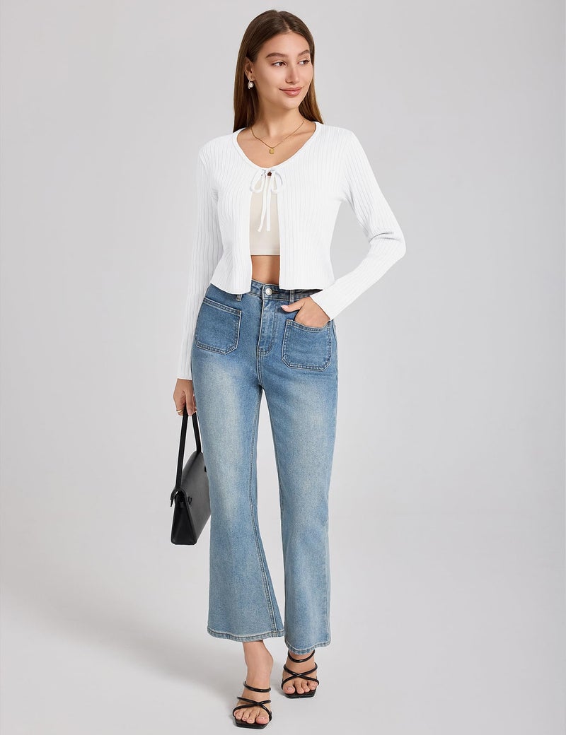 Yekaty White Cardigan for Women Crop Sweater Long Sleeve Tie Front Cardigan Sweaters for Women Dress Cover Up S - Image 5