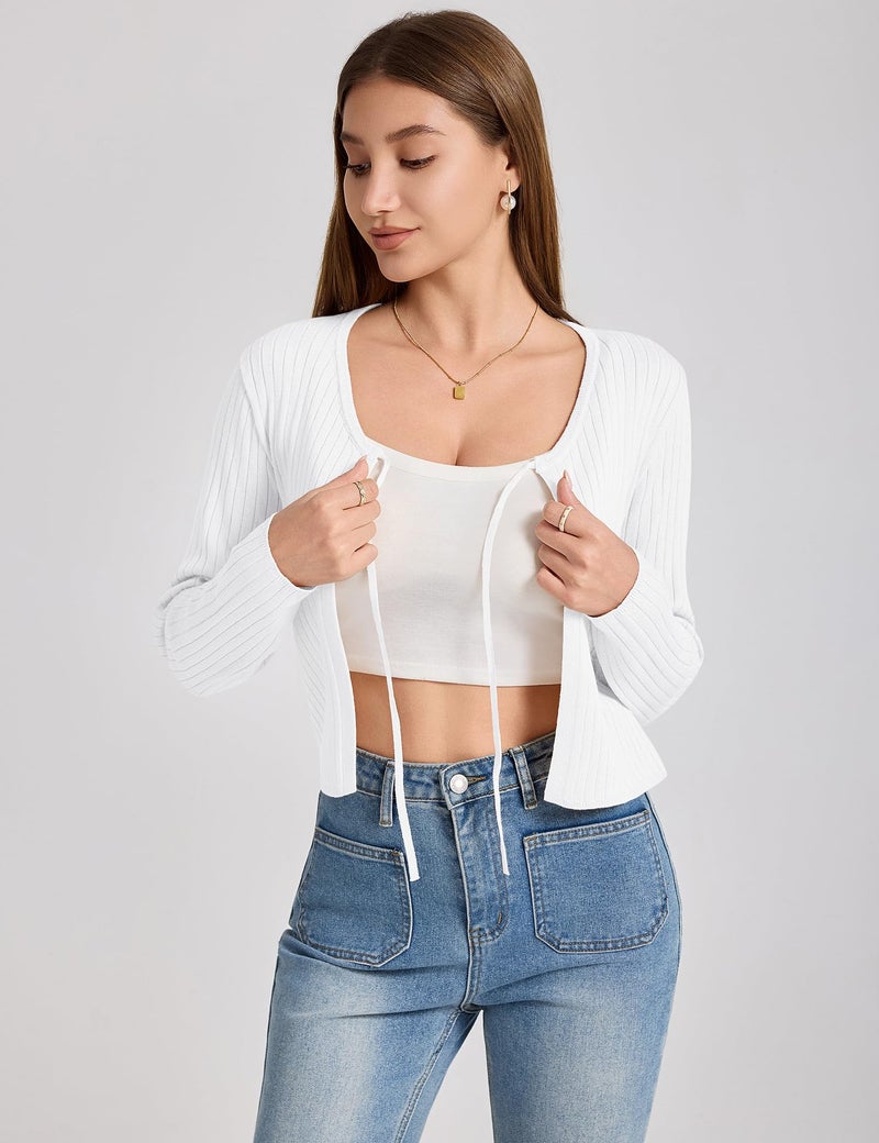 Yekaty White Cardigan for Women Crop Sweater Long Sleeve Tie Front Cardigan Sweaters for Women Dress Cover Up S - Image 3