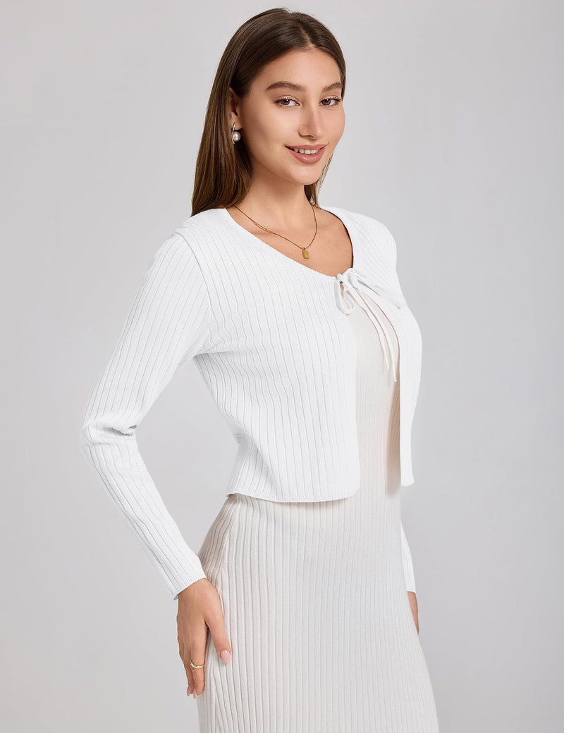 Yekaty White Cardigan for Women Crop Sweater Long Sleeve Tie Front Cardigan Sweaters for Women Dress Cover Up S - Image 4