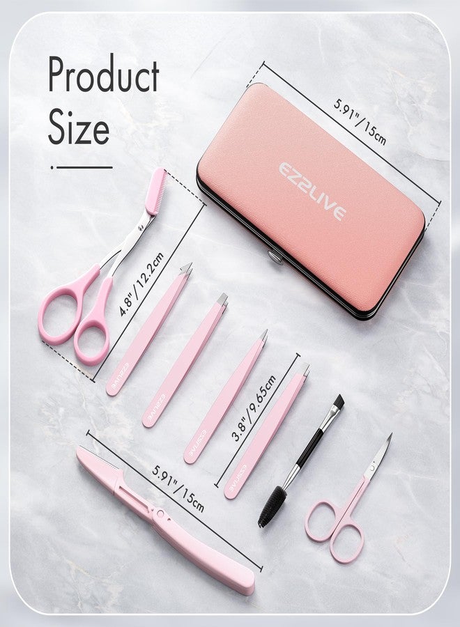 EZ2LIVE Tweezers for Women Facial Hair, Eyebrow Kit with Tweezers for Women and Men, 8 Pack Precision Tweezers Set, Splinter, Ingrown Hair Removal Kit, Stainless Steel Tweezers for Eyebrow, Light Pink - Image 2