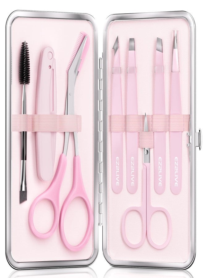 EZ2LIVE Tweezers for Women Facial Hair, Eyebrow Kit with Tweezers for Women and Men, 8 Pack Precision Tweezers Set, Splinter, Ingrown Hair Removal Kit, Stainless Steel Tweezers for Eyebrow, Light Pink - Image 1