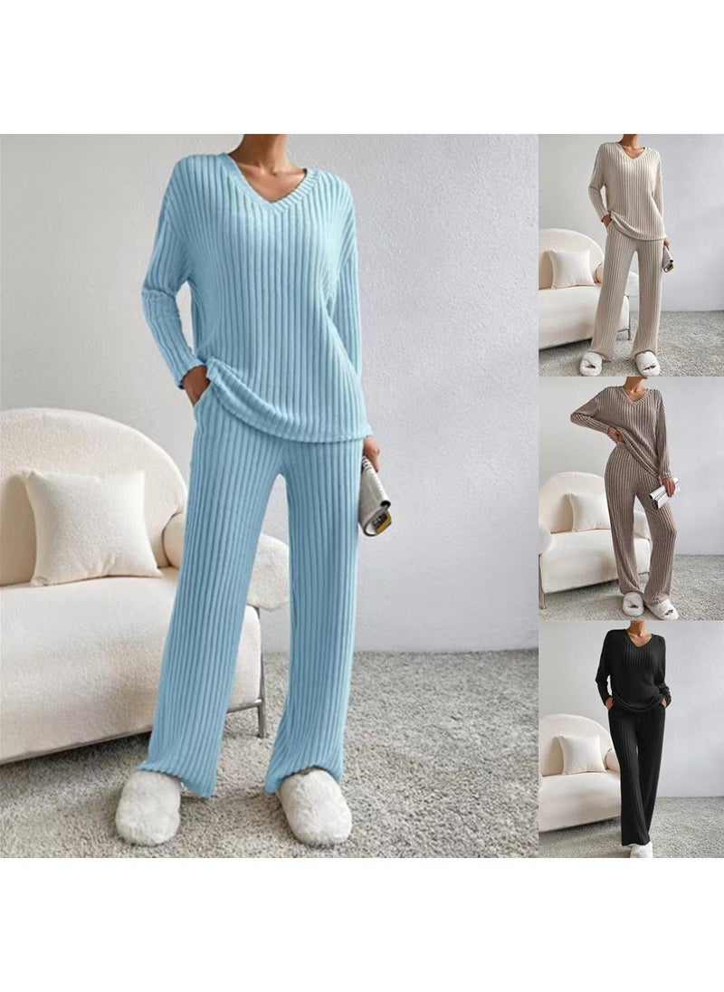 European and American cross-border autumn and winter new two-piece fashion casual straight pants elegant loose V-neck pit knitted suit Apricot
