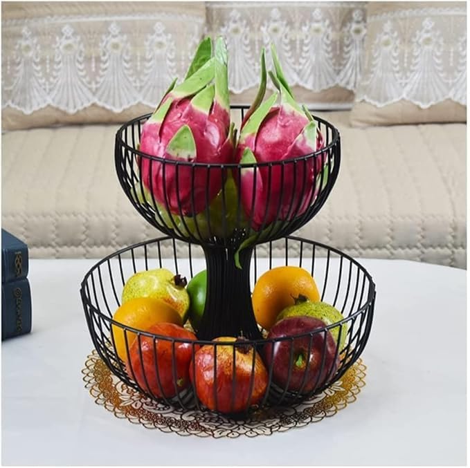 Grofly 2 Tier Metal Fruit Basket Kitchen Storage Rack Metal Fruit Bowl Double Layer Fruit Basket Stand for Storing Organizing Vegetables Net Fruits Basket for KitchenMetal Wire Storage Baskets - Image 4