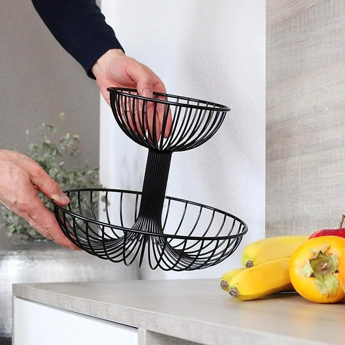 Grofly 2 Tier Metal Fruit Basket Kitchen Storage Rack Metal Fruit Bowl Double Layer Fruit Basket Stand for Storing Organizing Vegetables Net Fruits Basket for KitchenMetal Wire Storage Baskets - Image 3