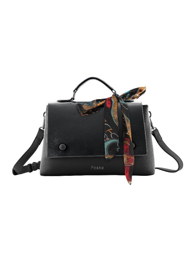 فوسكا شنطة Foska نسائية جلد كروس وكتف مع وشاح أنيق – شنطة يد بمقبض علوي لون أسود - Image 1