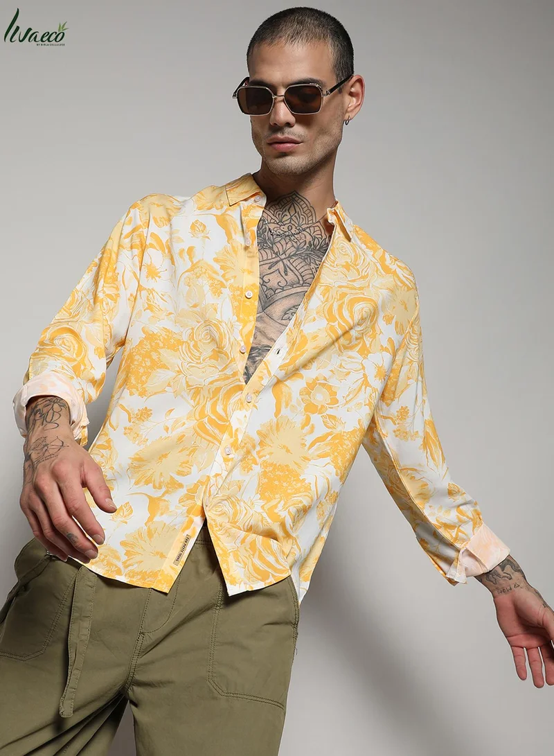 Campus Sutra Men's Yellow Contrast Botanical Shirt For Casual Wear | Made With Eco-Liva Fabric | Spread Collar | Long Sleeve | Button Closure | Rayon Shirt Crafted With Comfort Fit For Everyday Wear