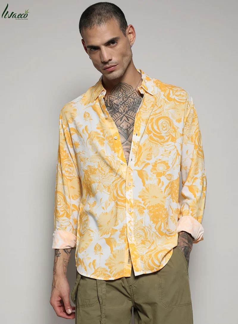 Campus Sutra Men's Yellow Contrast Botanical Shirt For Casual Wear | Made With Eco-Liva Fabric | Spread Collar | Long Sleeve | Button Closure | Rayon Shirt Crafted With Comfort Fit For Everyday Wear