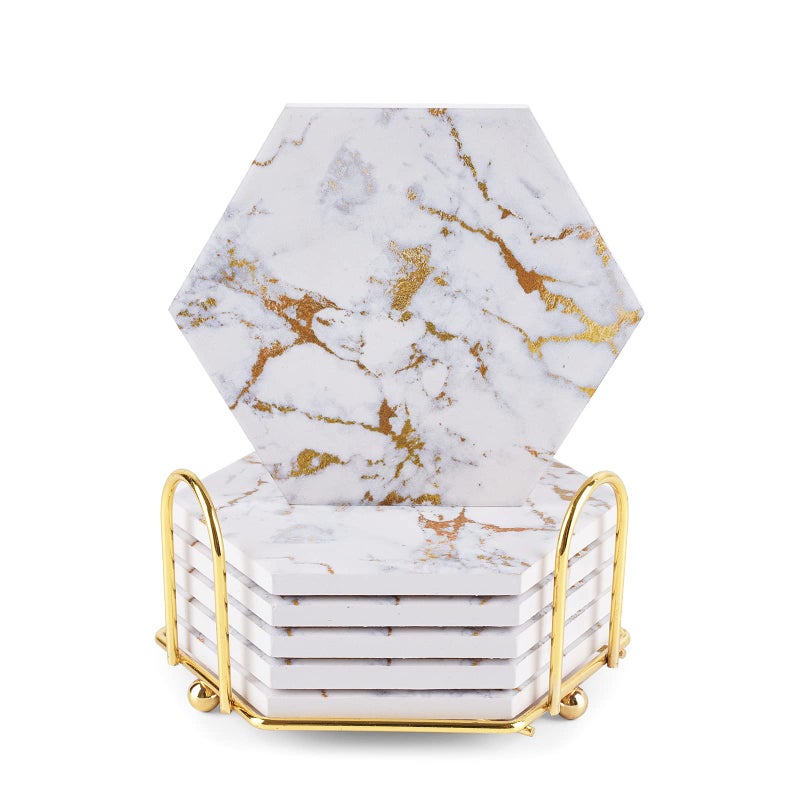 Geichan Marble Gold Coasters for Drinks Absorbent with Cork Base 6pcs Drink Coasters for Wooden Table with Metal Holder Gold Ceramic Cup Coaster Set Home Decor for Tabletop Protection
