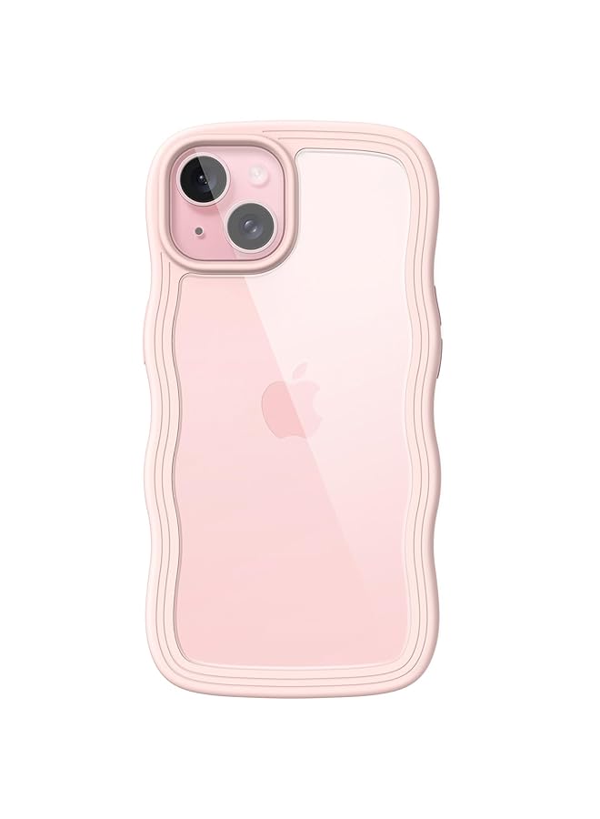 جي تيك حافظة لهاتف آيفون 15 مقاس 6.1 بوصة بإطار مموج وشكل مجعد وغطاء هاتف مقاوم للصدمات للنساء والفتيات مصنوع من مادة البولي كربونات الصلبة الشفافة باللون الوردي - Image 1