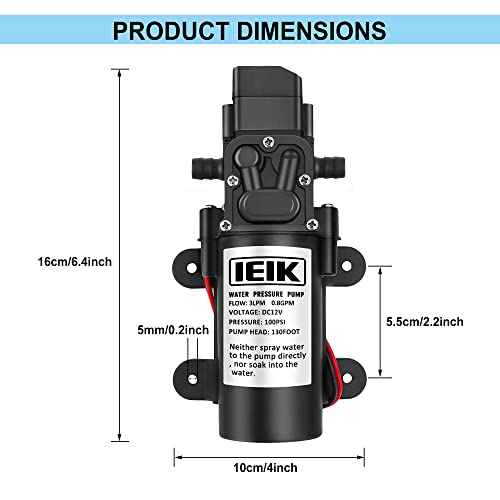 IEIK 12 Volt Diaphragm Pump 3LPM 0.8 GPM 100PSI Self Priming Sprayer Pump 12V DC Fresh Water Pump Water Pressure Switch for RV Camper Marine Boat Lawn (30W) - Image 5