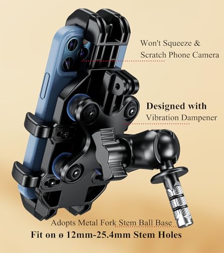 BRCOVAN Motorcycle Fork Stem Phone Mount Holder with Vibration Dampener, Heavy Duty Cellphone Cradle Fit Stem Tubes 12mm-25.4mm in Diameter, Adjustable for 5.4-6.9'' Smartphone - Image 4