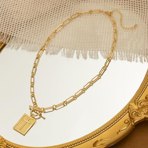 Moodear Cross Necklace for Women Trendy Dainty Chunky 14K Gold Plated Cross Necklace Toggle Clasp Paperclip Chain Necklace Faith Religious Jewelry Gift for Women - Image 5