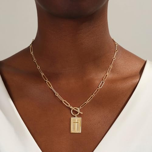 Moodear Cross Necklace for Women Trendy Dainty Chunky 14K Gold Plated Cross Necklace Toggle Clasp Paperclip Chain Necklace Faith Religious Jewelry Gift for Women - Image 2