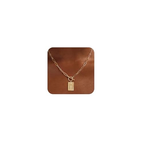 Moodear Cross Necklace for Women Trendy Dainty Chunky 14K Gold Plated Cross Necklace Toggle Clasp Paperclip Chain Necklace Faith Religious Jewelry Gift for Women - Image 1