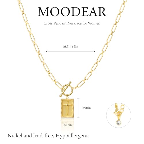 Moodear Cross Necklace for Women Trendy Dainty Chunky 14K Gold Plated Cross Necklace Toggle Clasp Paperclip Chain Necklace Faith Religious Jewelry Gift for Women - Image 4