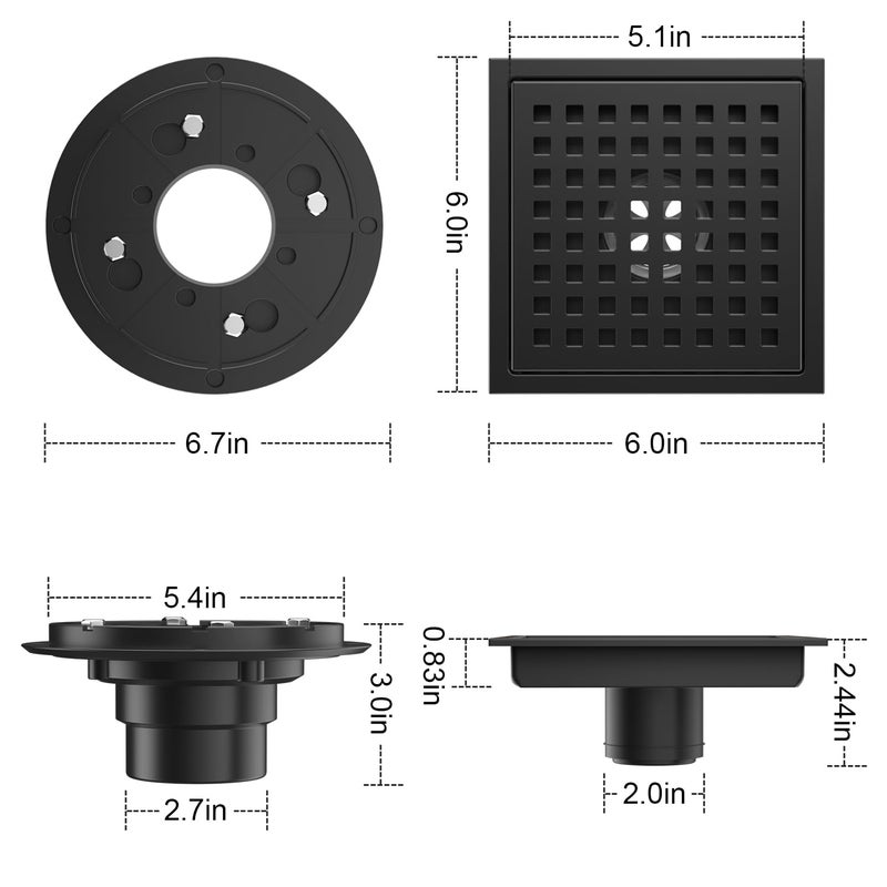 EXF 6-Inch Square Shower Drain with ABS Flange Base, Matte Black 304 Stainless Steel Floor Drain, Removable Grate and Hair Strainer for Modern Bathroom Remodels and Curbless Showers - Image 2