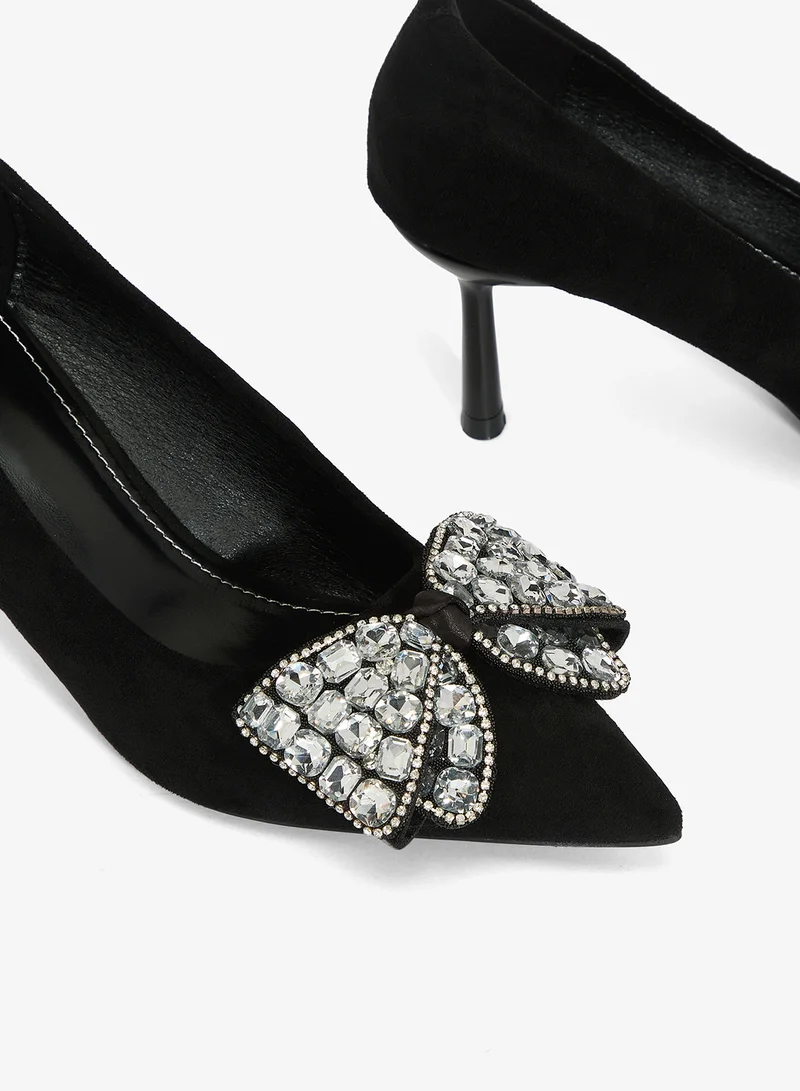 Ella Limited Edition Black Diamonte Detail Bow Detail Mid Heel Pumps for Women | Best Price UAE