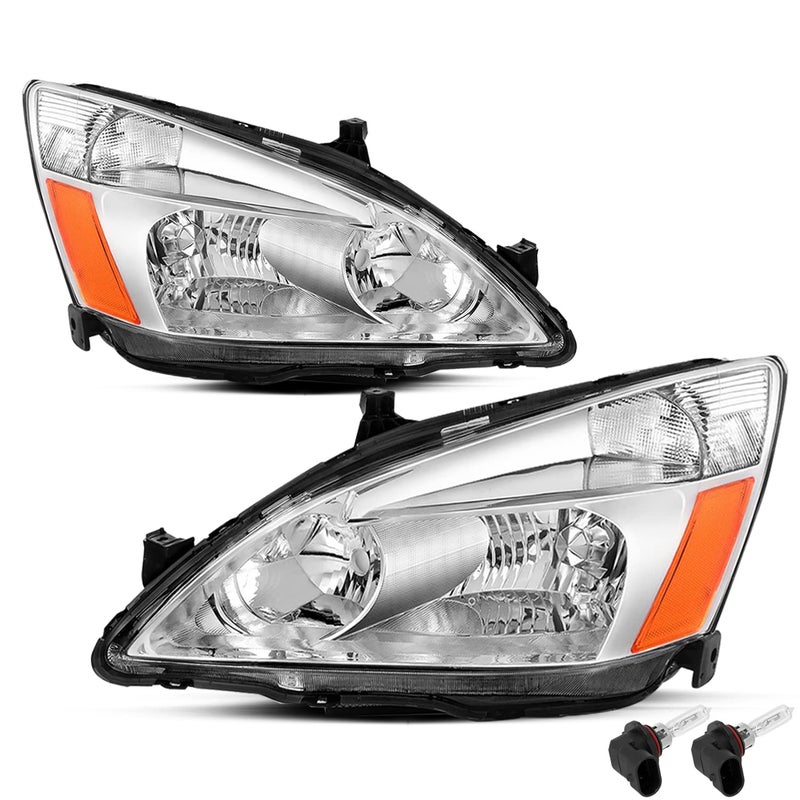 JSBOYAT Headlight Assembly Compatible with 20032007 Honda Accord Chrome Housing with Amber Reflector Passenger and Driver Side Bulbs Included