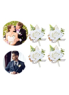 Excefore Boutonniere for Wedding 4Pcs White Rose Boutonnieres Wedding Bride and Groom Best Man Bridesmaid Corsage Flower Wedding Party Prom Groomsmen Suit Artificial Flowers Ivory Roses Decorations  - Image 1
