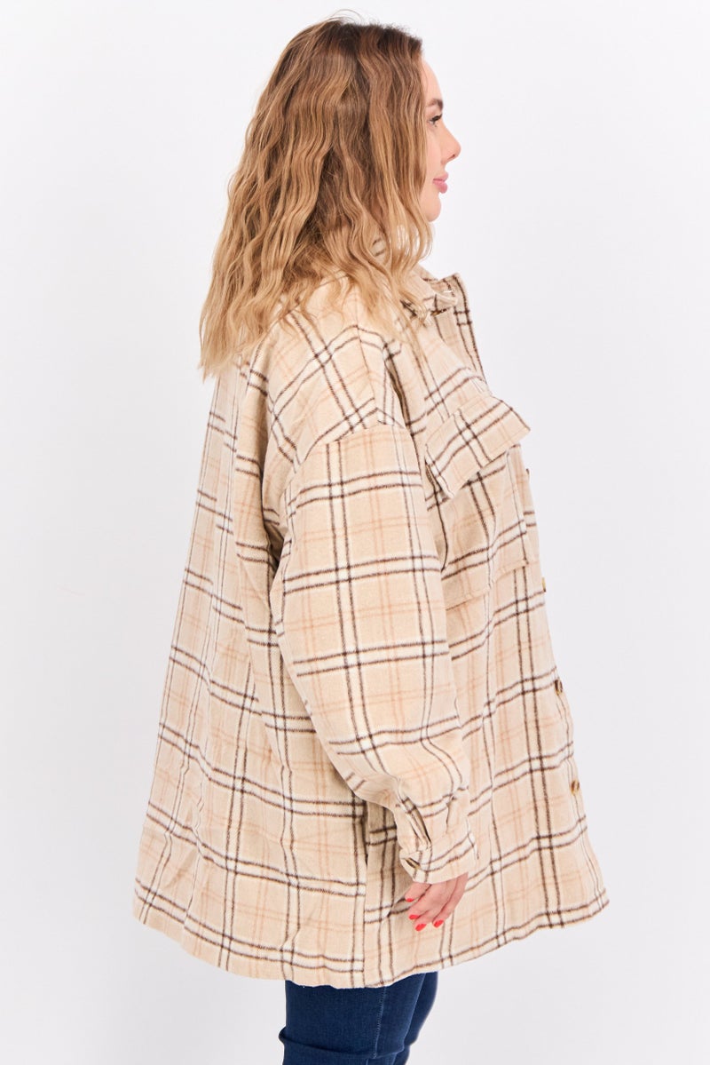 Collusion - Women Plus Size Plaid Jacket Shirt, Tan - Image 1