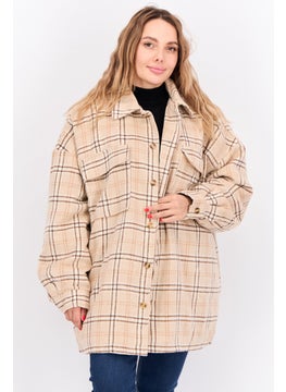 Women Plus Size Plaid Jacket Shirt, Tan