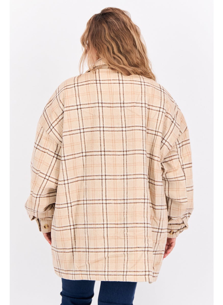 Collusion - Women Plus Size Plaid Jacket Shirt, Tan - Image 1