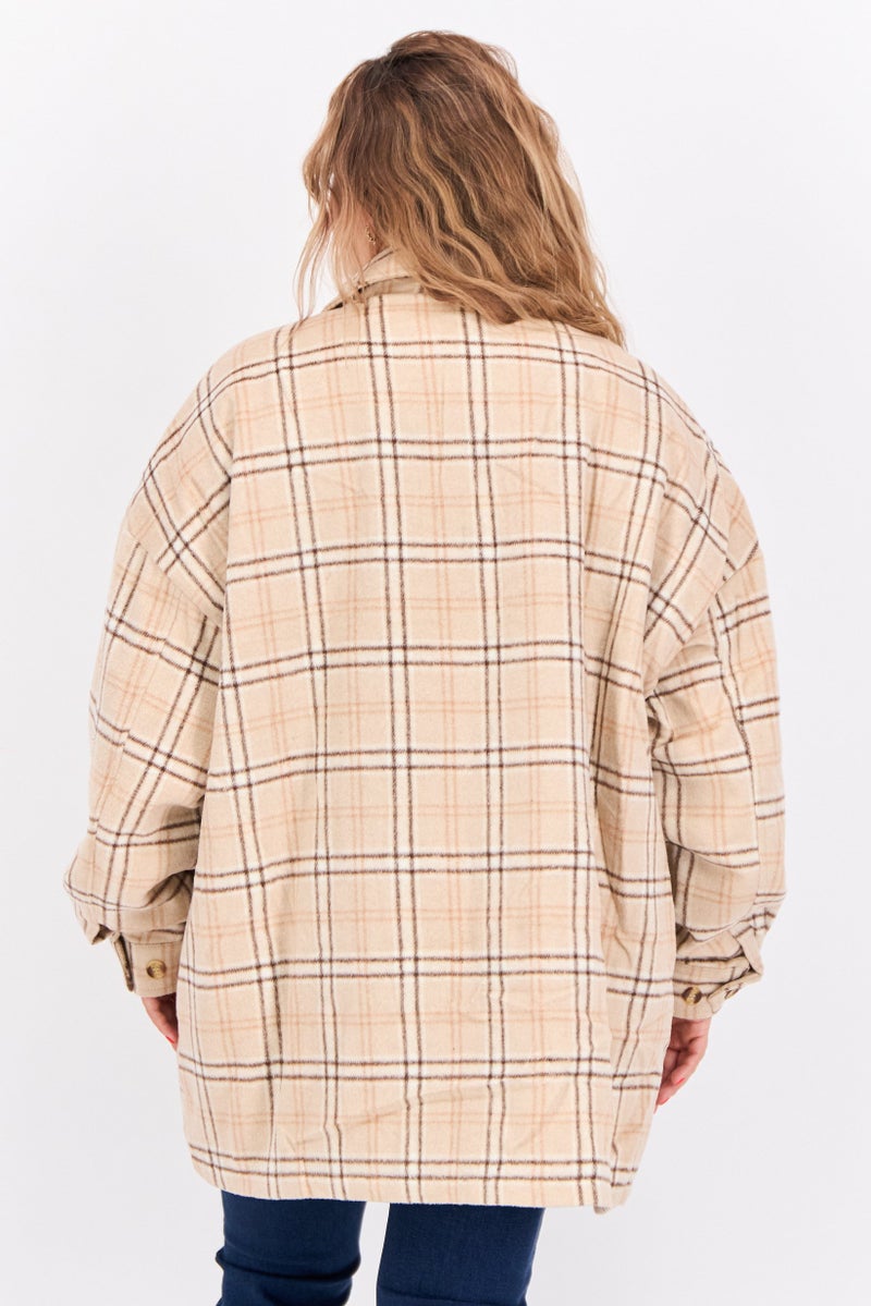 Collusion Women Plus Size Plaid Jacket Shirt, Tan - Image 4