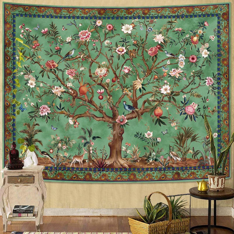 Faxdong Boho Tree of LIfe Tapestry, Vintage Flower Leaves Birds Plant Animal Pattern Tapestries, Retro Indian Bohemian Aesthetic Wall Hanging Green 36Ã—48 inch - Image 1