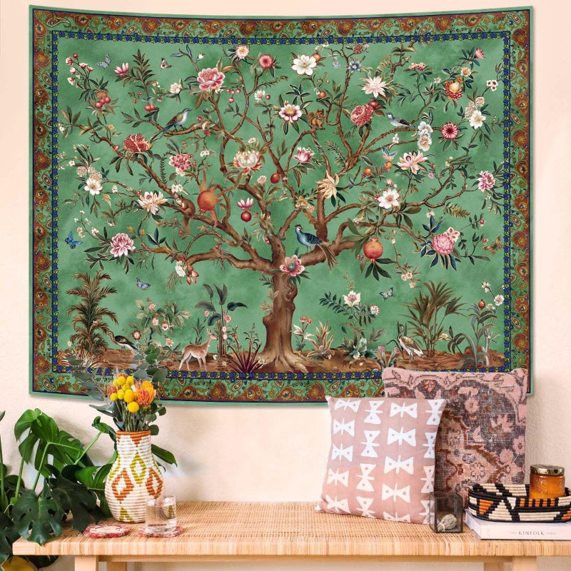 Faxdong Boho Tree of LIfe Tapestry, Vintage Flower Leaves Birds Plant Animal Pattern Tapestries, Retro Indian Bohemian Aesthetic Wall Hanging Green 36Ã—48 inch - Image 2