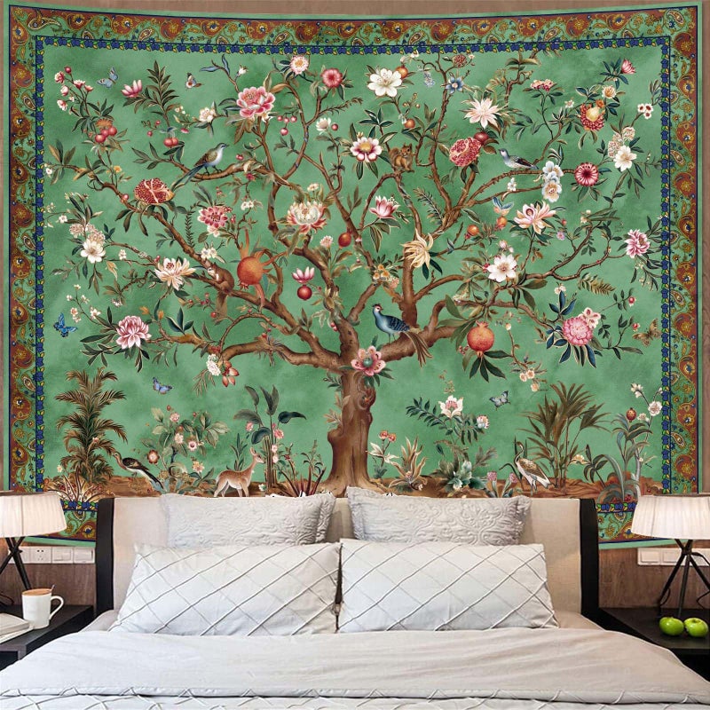 Faxdong Boho Tree of LIfe Tapestry, Vintage Flower Leaves Birds Plant Animal Pattern Tapestries, Retro Indian Bohemian Aesthetic Wall Hanging Green 36Ã—48 inch - Image 4