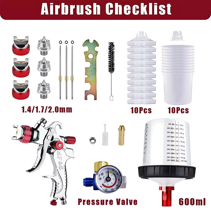 Universal 1.4mm/1.7mm/2.0mm Nozzle Cordless Paint Sprayer for Home Interior House Painting Car DIY Aluminum Alloy Paint Sprayer with 600ml Cup Pressure Valve 10Pcs Disposable Bottles - Image 2
